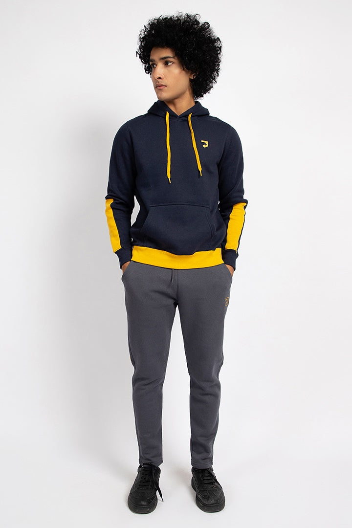 Navy Pullover Hoodie With Contrast Patches