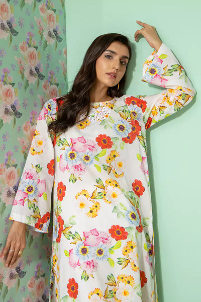White Floral Printed Kurti With Embroidered Neckline