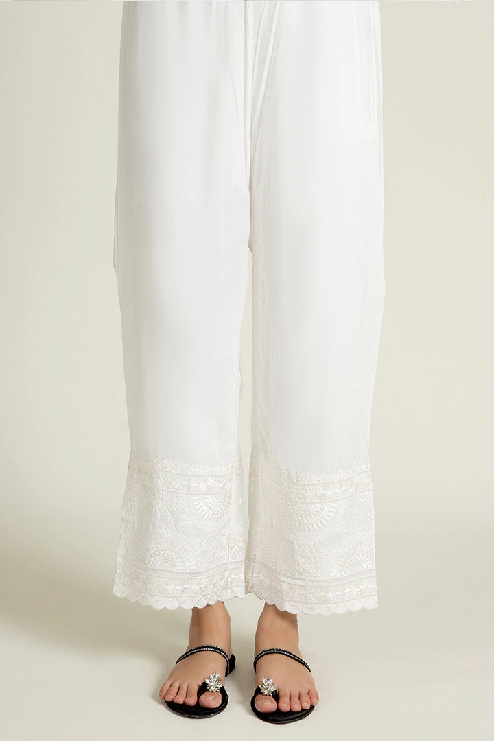 White Embroidered Trousers With Designed Hem