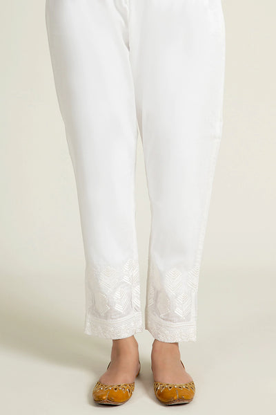 White Embroidered Straight Trousers
