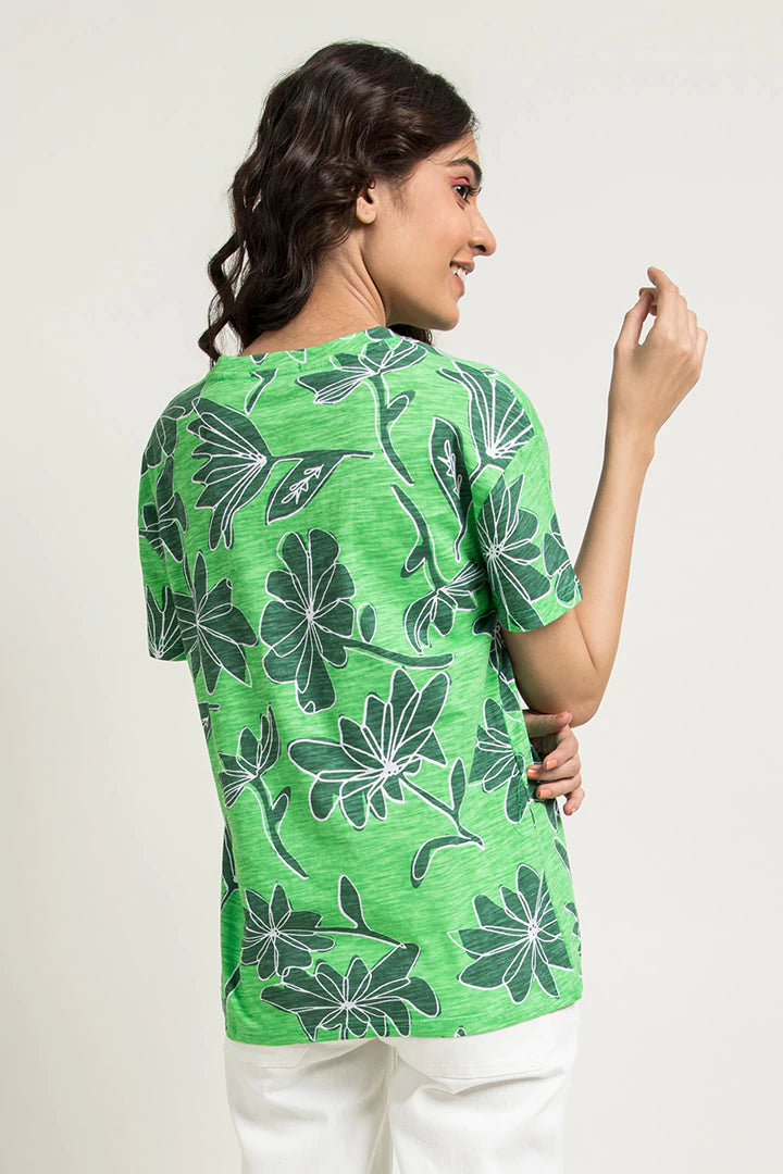 Green Floral Printed Oversized T-Shirt