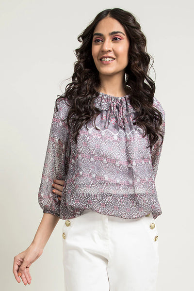 Pleated Neck Printed Top