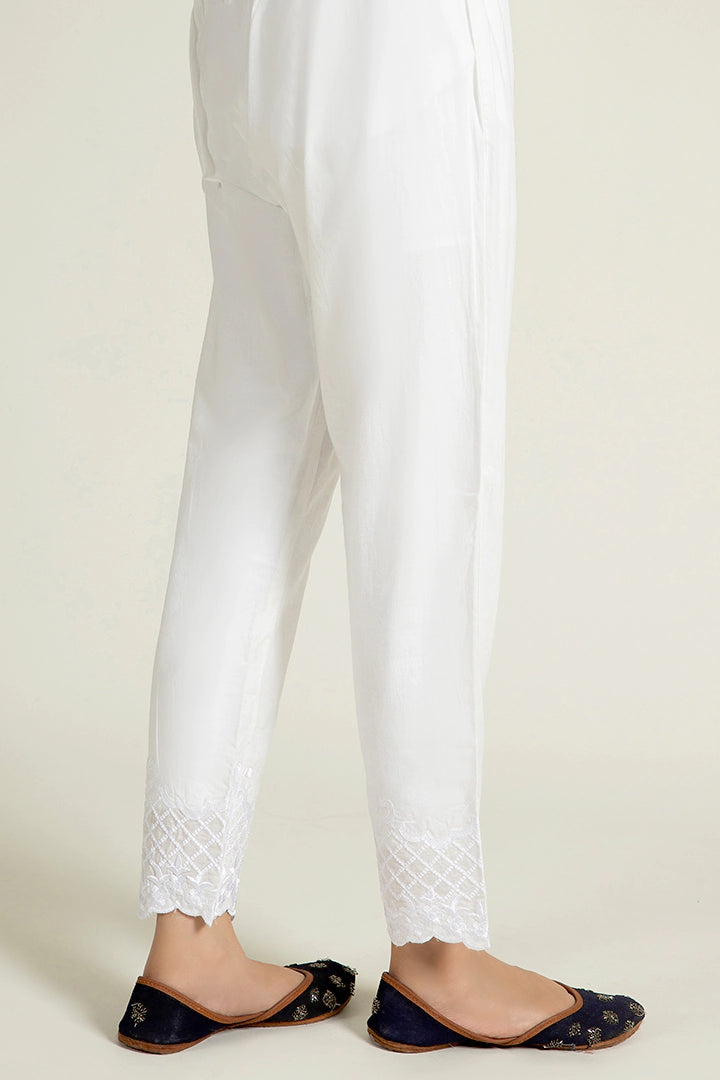 White Embroidered Trousers With Cut Work
