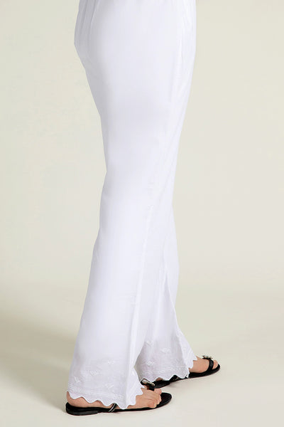 Embroidered Wide Leg White Trousers
