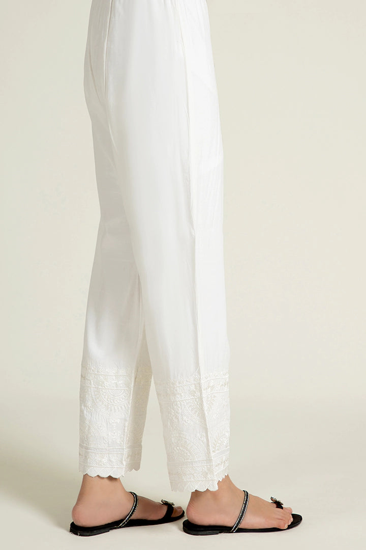 White Embroidered Trousers With Designed Hem