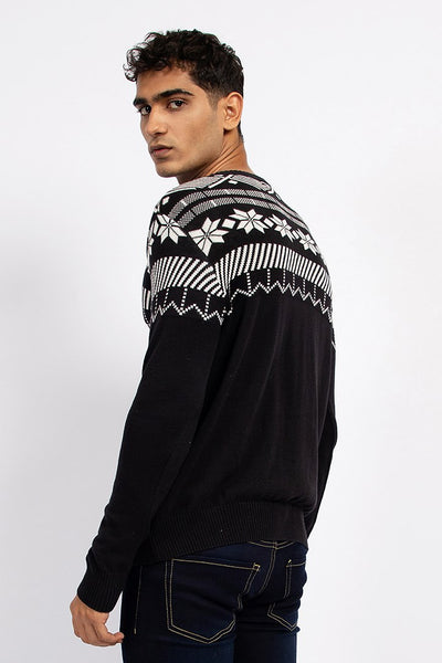 Black V-Neck Printed Sweater