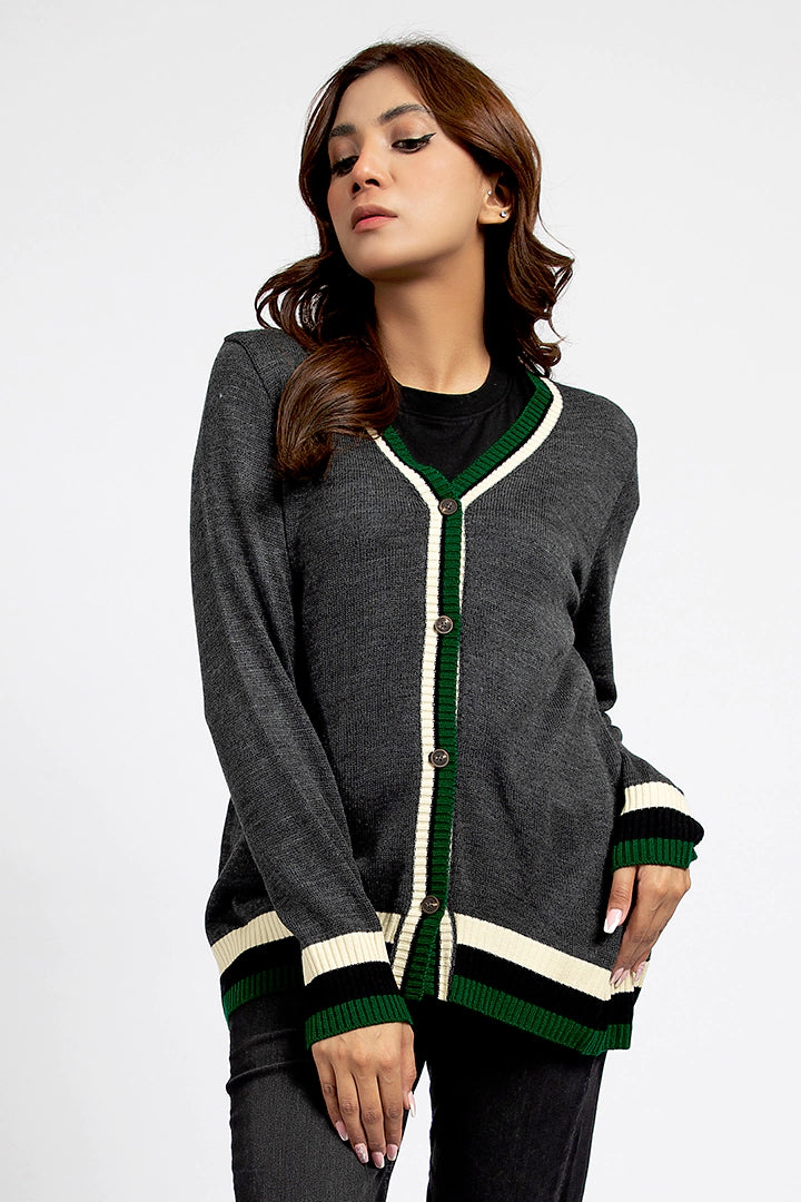 Charcoal V-Neck Cardigan with Multicolor Stripes