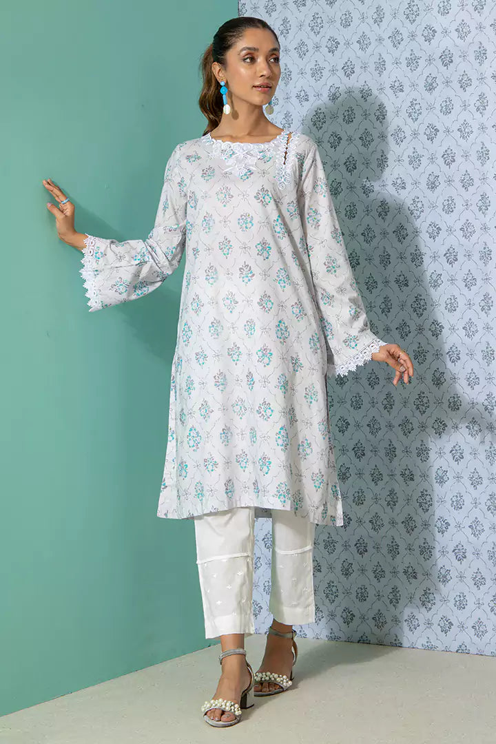 Grey Printed Kurti With Embroidered Neckline