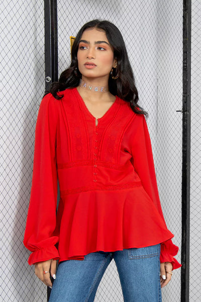 Red Embroidered Frock Style Top