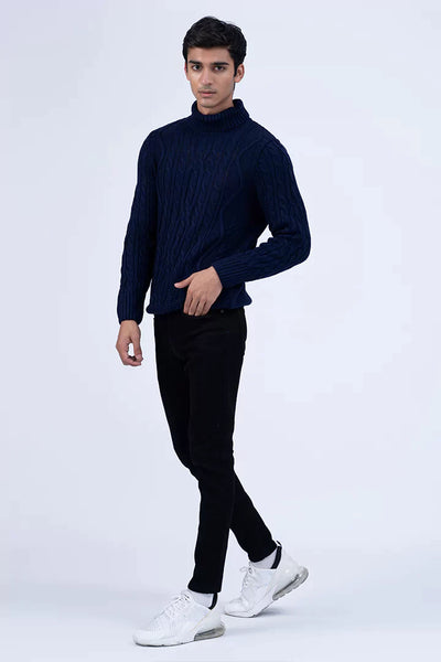 Navy Full Sleeves Cable Knit Sweater