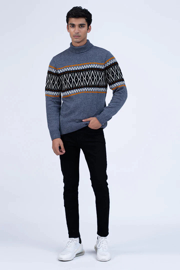 Blue Turtleneck Jacquard Sweater