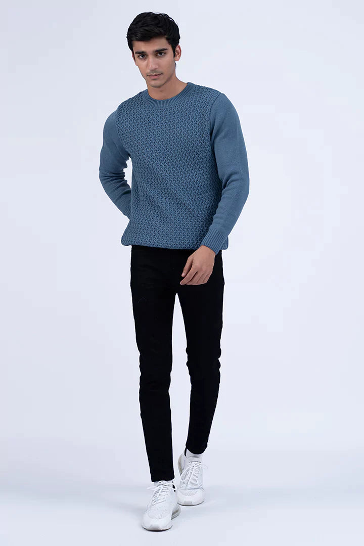Blue Round Neck Textured Sweater